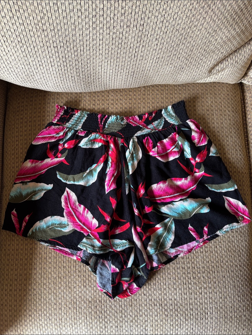 Volcom Black High-Waist Shorts with Pink & Teal Leaf Print
